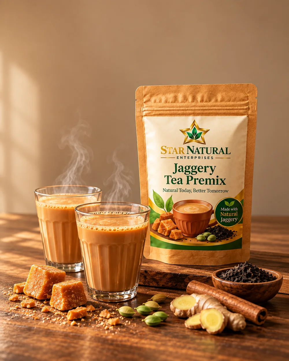 Two glasses of jaggery chai beside a Star Natural Jaggery Tea Premix pouch