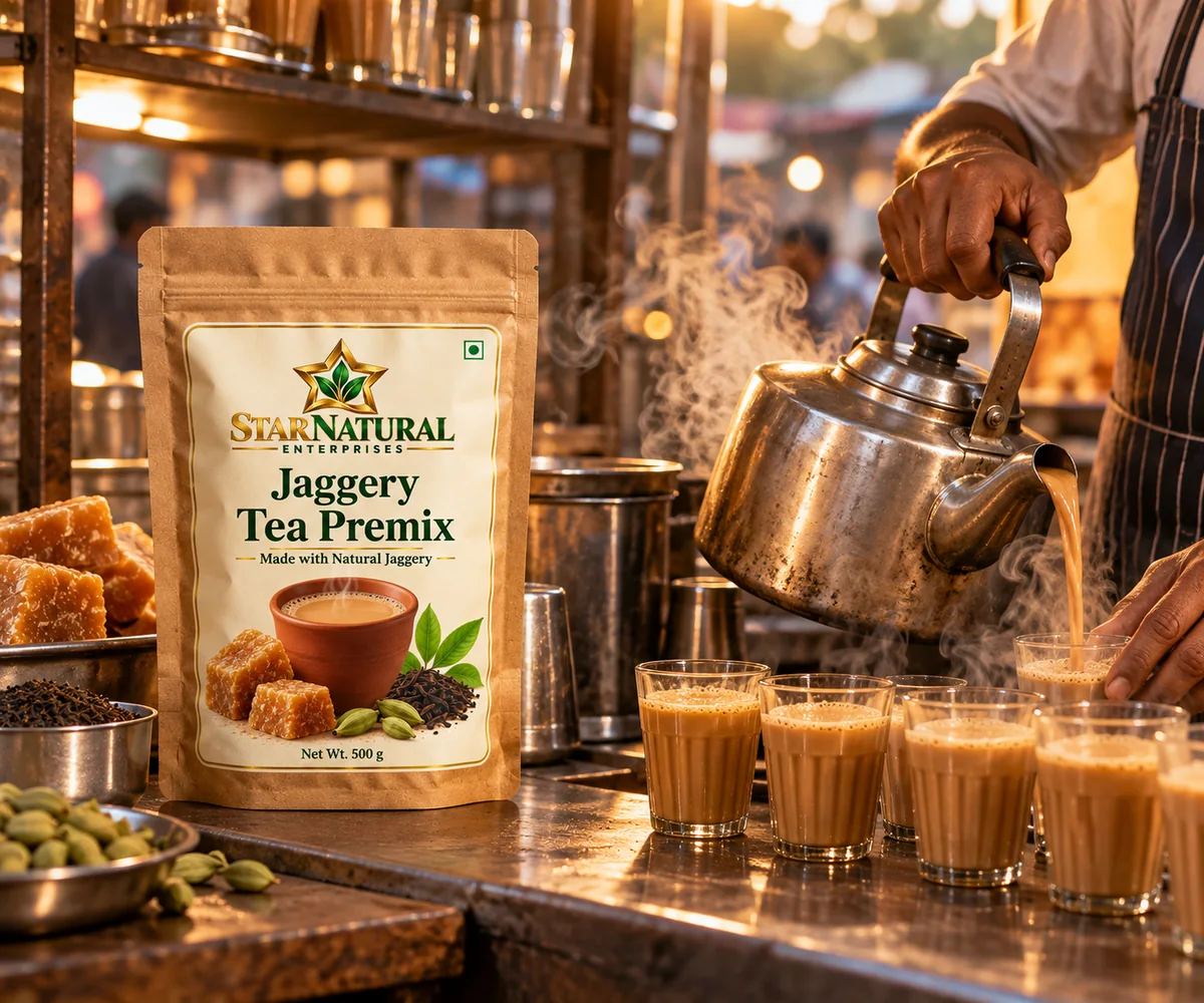 A tea stall pouring jaggery chai beside a Star Natural pouch