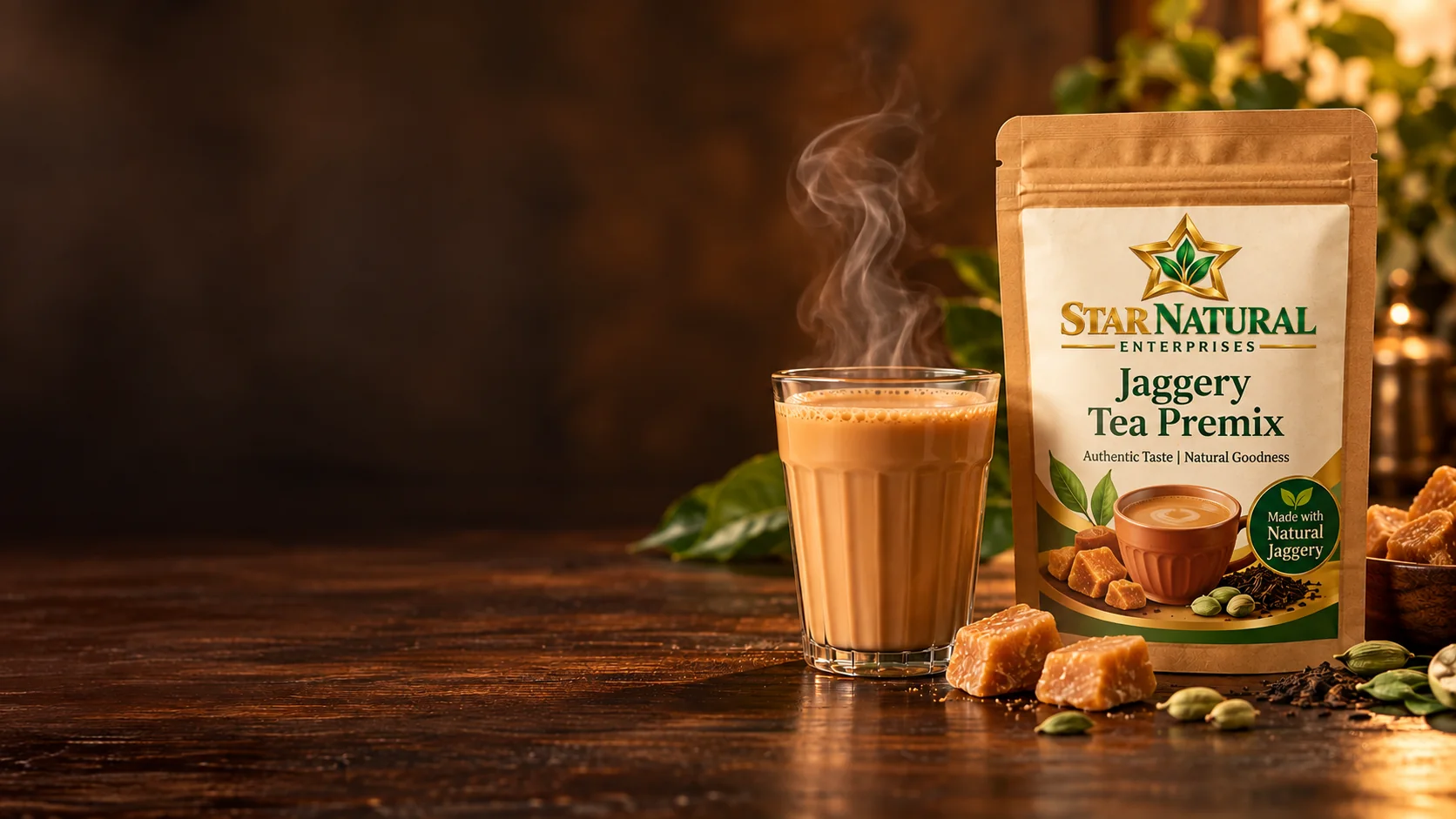 A glass of hot jaggery chai beside a pouch of Star Natural Jaggery Tea Premix