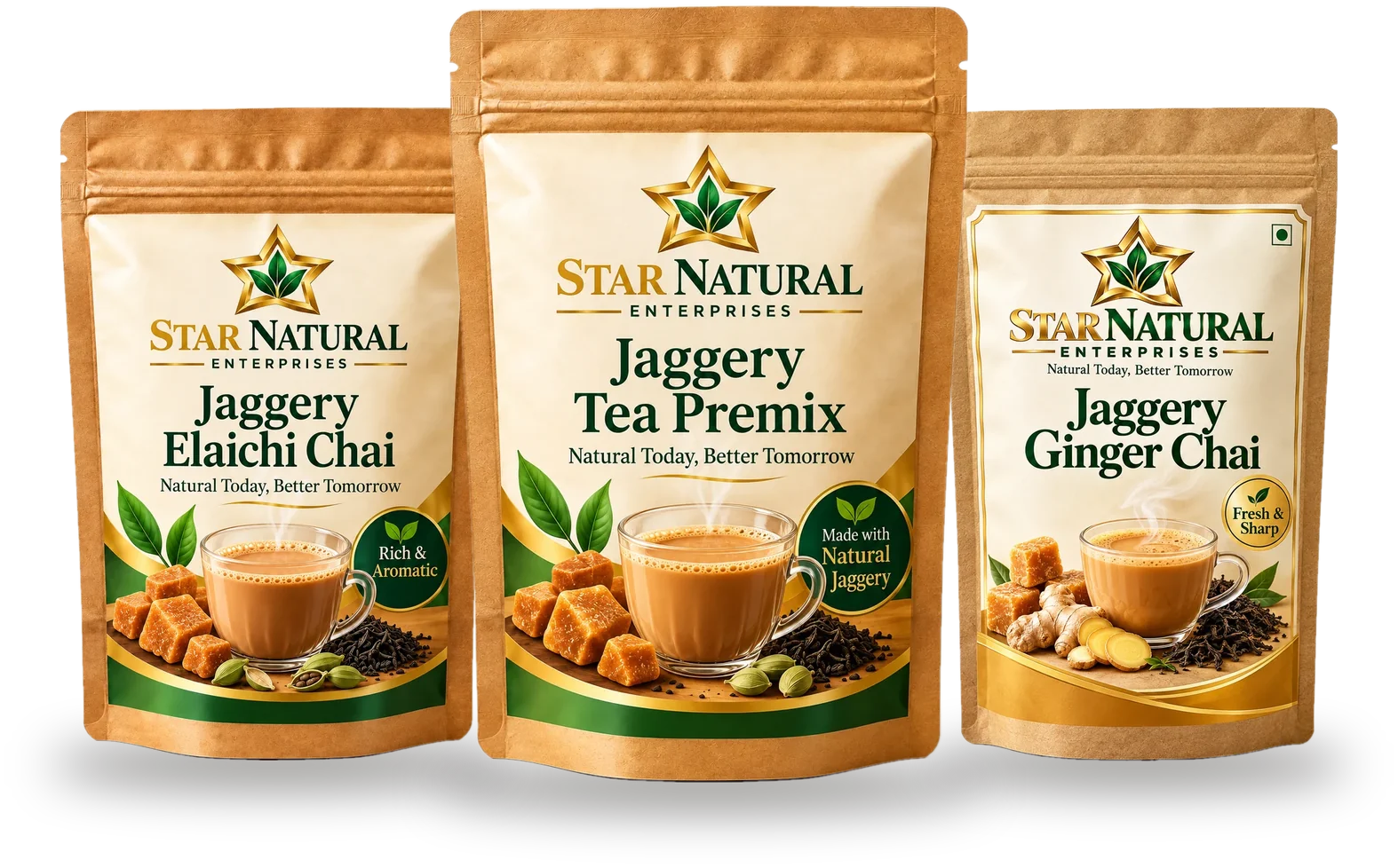 Star Natural Jaggery Elaichi Chai, Jaggery Tea Premix and Jaggery Ginger Chai pouches